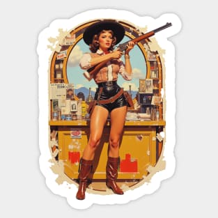 Wild West Pinup Showdown Glamorous Cowgirl with Rifle in a Vintage Saloon Portrait Sticker